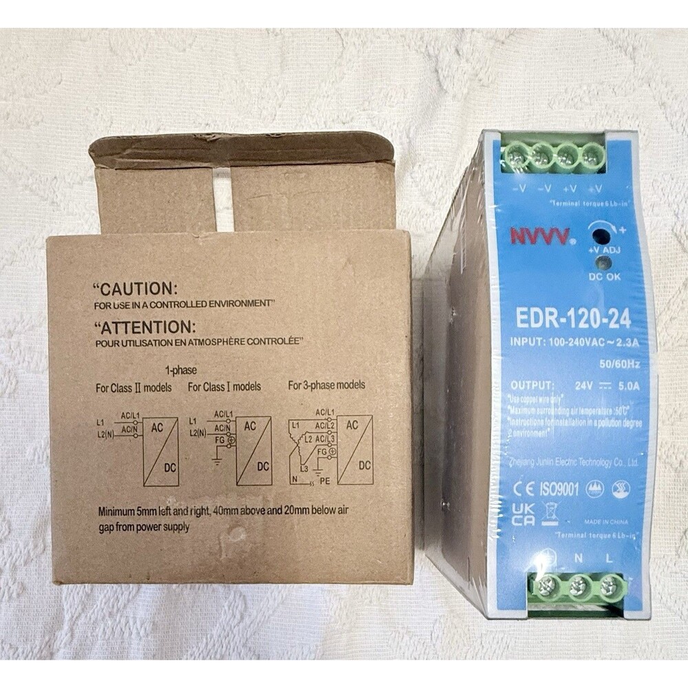 New NVVV EDR-120-24 DIN Rail Power Supply 24V 5A 120W Switching AC/DC NOS